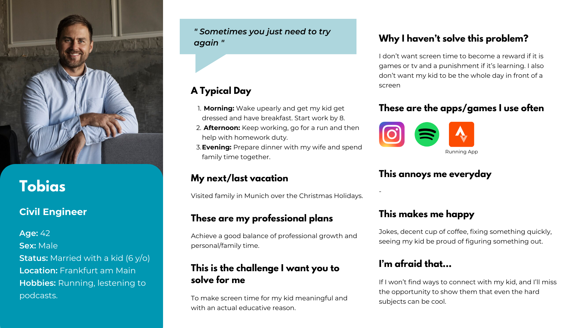 Persona profile: Tobias, Parent, Age 42