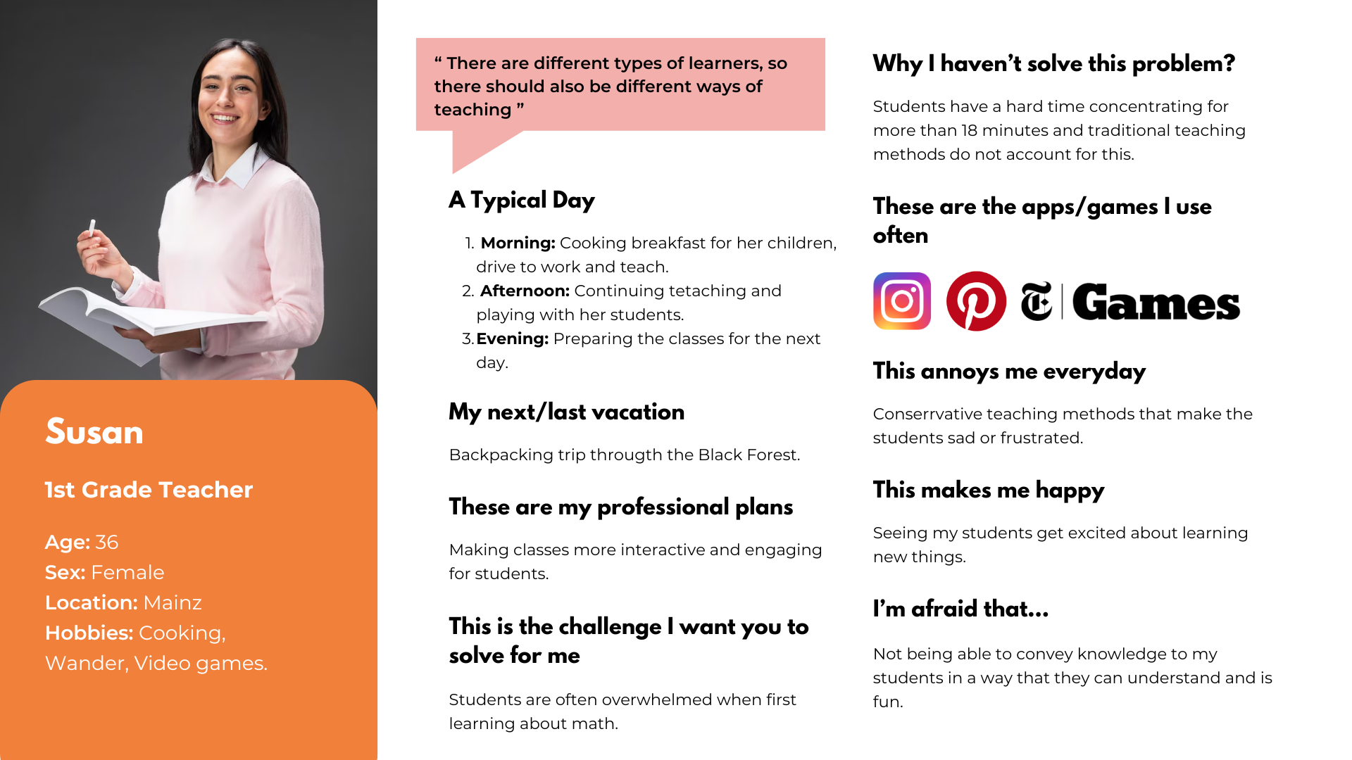 Persona profile: Susan, Teacher, Age 36