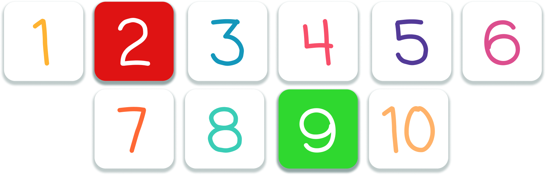 Number keyboard from 1 to 10 showing default, correct (green), and wrong (red) states